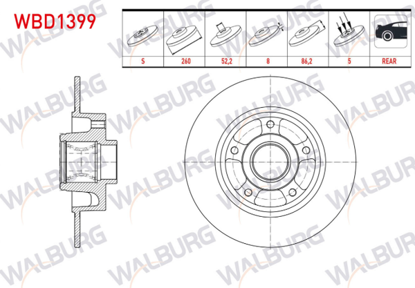 Renault Megane 4 Sedan 2015- Arka Fren Disk Takımı Porya Rulmanlı Walburg Marka 