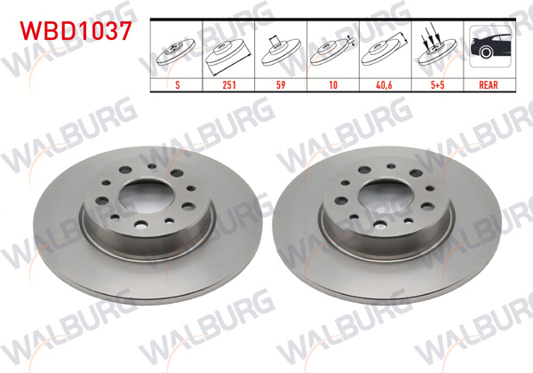 WALBURG WBD1037 | Fren Diski Arka Düz 5 Bjn 251X10x59x40,6 Fiat Egea 1.6 Mjt 2015-/ 500L 1.6 Mjt-0.9 / 1.4 2012-/ Egea Hb 1.6 D 2020-/ Egea Cross 1.6 2020-| 2 Adet