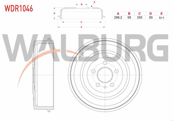 WALBURG WDR1046 | Fren Kampanası Arka 5 Delik 298,2X59x255x85 Fiat Scudo 1.9 D-1.9 TD-2.0 JTD 1996-2006