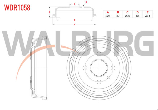 WALBURG WDR1058 | Fren Kampanası Arka 4 Delik 228X57x200x58 Opel Astra F 1.4İ-1.6İ 1991-1998 / Astra F Classic 1.4İ-1.6İ 1998-2002 / Kadett E 1.3-1.4-1.6 1994-1993