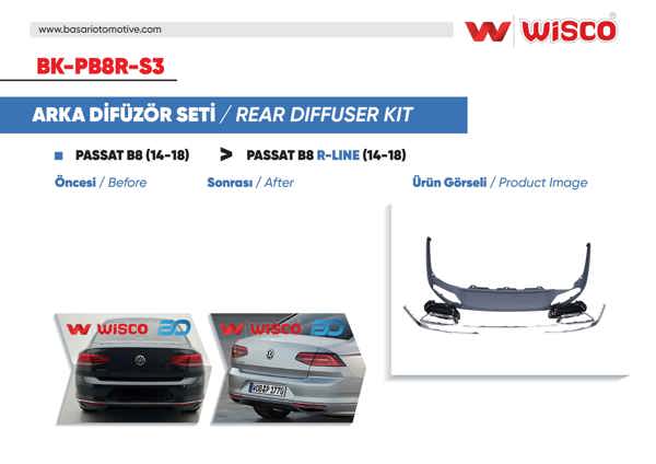 WISCO BK-PB8R-S3 | Tampon Dıfuzor Seti (Enjeksıyon Uretımı 1. Kalıte) VW Passat B8 R-Line 14-18 (14-18 Passat B8 İçin Uyumludur)