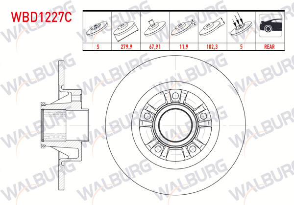 WALBURG WBD1227C | Fren Diski Arka Düz Kaplamalı 5 Bjn 280X12x67,92X102,2 Porya Rulmanlı ABS li Renault Traffic II 1.9 DCI-2.0 DCI 2001-2014 / Opel Vivaro (J7) 1.9 Dtı 2002-2014 / Vivaro (X83) 2.0 CDTI 2015-| 2 Adet