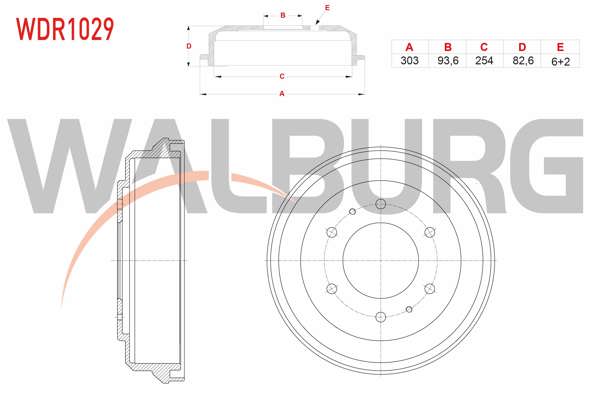 WALBURG WDR1029 | Fren Kampanası Arka 6 Delik 303X93,6X254x82,6 Mitsubishi L 200 2.5 TD 1996-2006
