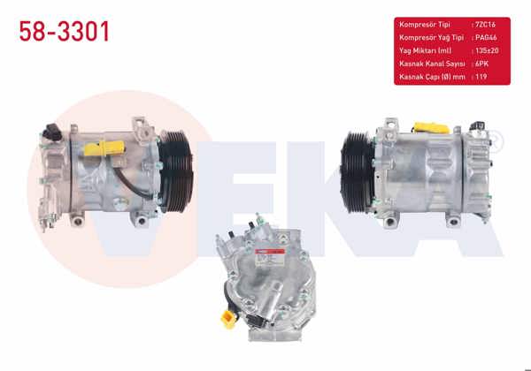 VEKA 58-3301 | Klima Kompresörü 6Pk 119mm Citroen Berlingo 1.6 HDI 2008-/ C4 2.0 2004-2009 / C4 Grand Picasso 1.6 HDI 2006-/ C5 III 1.6 HDI 2008-2015 / Peugeot 3008 1.6 HDI 2009-/ Partner 1.6 Bluehdı 2018 -
