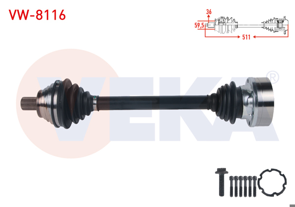 VEKA VW-8116 | Komple Aks Sol Ön Uzunluk 511mm VW Golf VII (5G1) 1.2 TSI M-T 2012-/ Passat (3C2) 1.6 2005-2008 / Audi A3 (8V1) 1.2 TFSI M-T 2012-/ Seat Leon 1.2 TSI M-T 2012-/ Skoda Octavia (5E3) 1.2 TSI M-T 2012 -