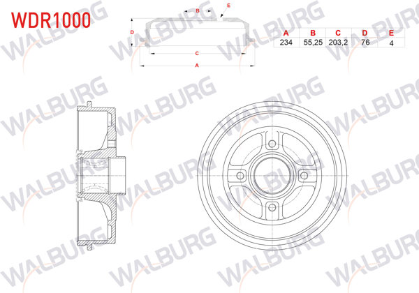 WALBURG WDR1000 | Fren Kampanası Arka Rulmanlı ABS Okuyuculu 4 Delik 234X55,25X203,2X76 Renault Symbol III (Jz0 / 1) 1.5 DCI 2012-/ Clio IV 1.5 DCI 2012-2020