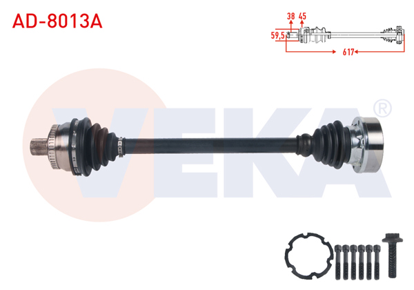 VEKA AD-8013A | Komple Aks Sol Ön ABS'li 45 Dıs Uzunluk 617mm Audi A4 (8E2,B6) 1.6 2000-2004 / A4 (8Ec,B7) 1.6 2004-2008