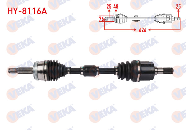 VEKA HY-8116A | Komple Aks Sol Ön Uzunluk 626mm ABS'li 48 Dıs Hyundai Getz 1.4 A-T 2006 -