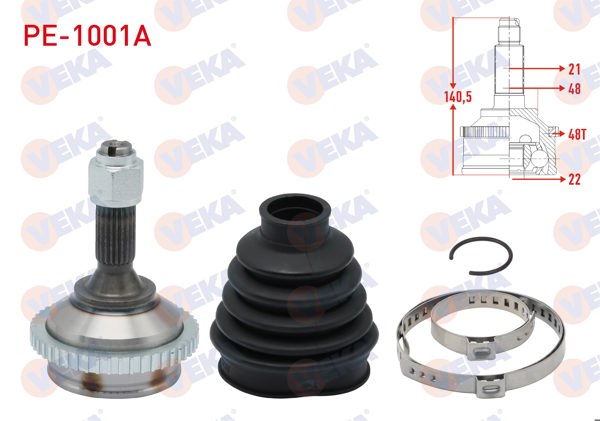 VEKA PE-1001A | Aks Kafası Sol-Sağ On Dıs Peugeot 206 (2A / C) 1.6İ 16V ABS'li 48 Dıs Icten Segmanlı 21X22x48 Uzunluk 140,5 mm 1998-2006