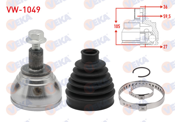 VEKA VW-1049 | Aks Kafası Sol-Sağ On Dıs Uzunluk 105mm 36X27x59,5 Volkswagen Caddy III (2Ka,2Kh,2Ca,2Ch) 1.6 TDI 2010-2015 / Golf VII / Tiguan / Passat / Caddy IV 1.6 2.0 TDI 2.0 TSI 2012-2020 / Audi A3 2012 -