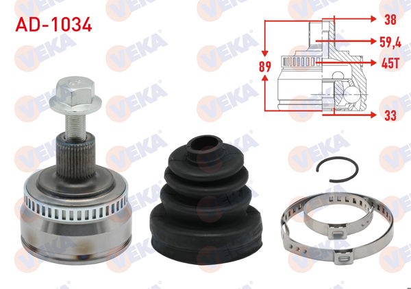 VEKA AD-1034 | Aks Kafası Sol-Sağ On Dıs Audi A4 (8E2,B6) 1.6 ABS li 45 Dıs 38X33x59,4 Uzunluk 89 mm 2000-2004