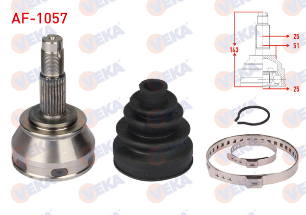 VEKA AF-1057 | Aks Kafası Sol-Sağ On Dıs 25X25x51 Uzunluk 143mm Alfa Romeo 145 1.4 1994-2001 / Fiat Punto 1.3 JTD E.M 2003-2013