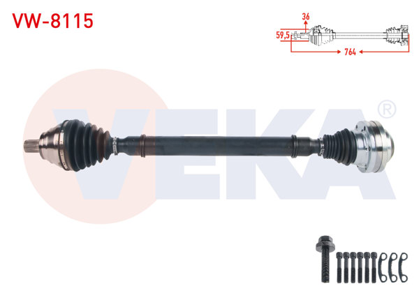 VEKA VW-8115 | Komple Aks Sağ On Uzunluk 764mm Volkswagen Golf V (1K1) 1.4 TSI A-T 2003-2009 / Jetta III (1K2) 1.4 TSI A-T 2005-2010 / Golf Plus (5M1) 1.4 TSI 2006-2008