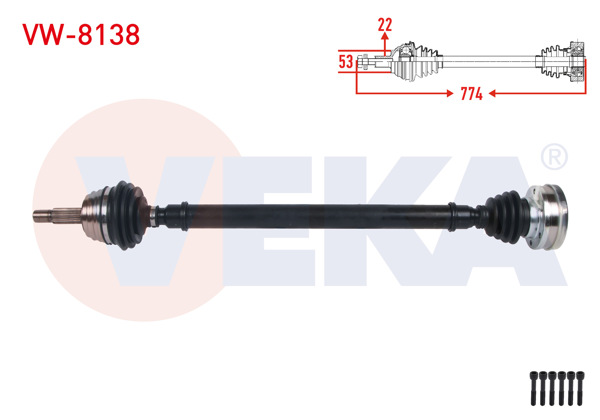 VEKA VW-8138 | Komple Aks Sağ On Uzunluk 774mm Volkswagen Caddy II (9K9a) 1.9 D 1995-2004 / Seat Inca (6K9) 1.9 D 1995-2003 / Cordoba I 1.9 D 1996-2002