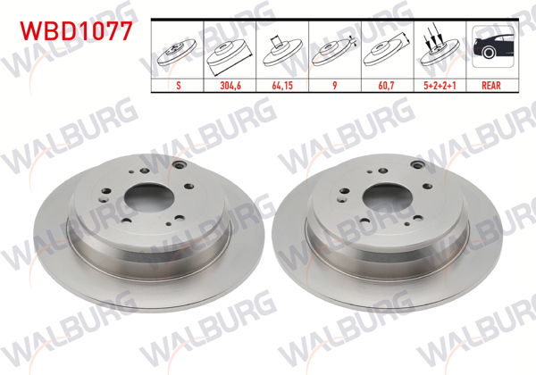 WALBURG WBD1077 | Fren Diski Arka Düz 5 Bjn 304,6X9x64,15X60,7 Honda Cr-V IV 1.6İ Dtec-2.0-2.2İ 2012-2014 / Cr-V III 2.2İ Ctdı-2.0 I-Vtec 2006-2012 / Cr-V II 2.0İ 2002-2006 | 2 Adet
