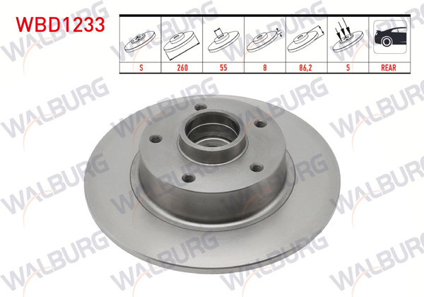 WALBURG WBD1233 | Fren Diski Arka Düz Rulmanlı Poryalı 5 Bjn Manyetık ABS Okuyuculu 260X8x54,92X86,2 Renault Fluence 2009-/ Megane III 2008-2015 / Megane IV 2016 -