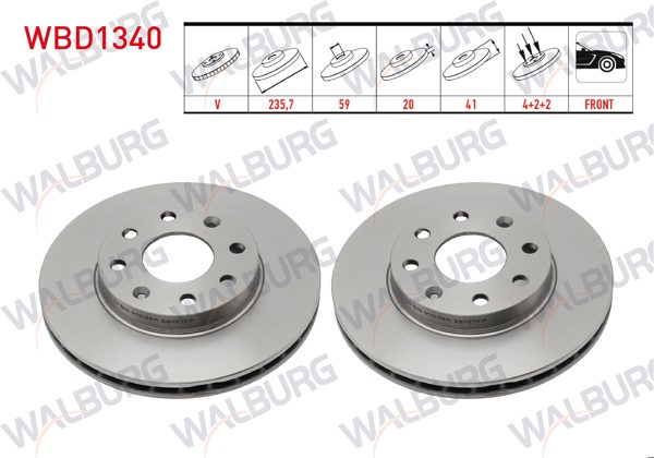 WALBURG WBD1340 | Fren Diski Ön Havalı 4 Bjn 235,7X20x59x41 Chevrolet Kalos (T200) 1.2-1.4-2003-2008 / Aveo (T250) 1.2İ-1.4İ 2006-2011 | 2 Adet