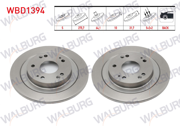 WALBURG WBD1394 | Fren Diski Arka Düz 5 Bjn 275,7X10x64,1X31,7 Honda Civic Ix 1.6 I-Dtec 16 Jant 2012-2016 | 2 Adet