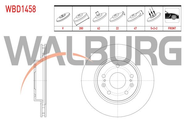 WALBURG WBD1458 | Fren Diski Ön Havalı 5 Bjn 280X22x62x47 Suzuki Vitara 1.4İ-1.6İ-1.6 Ddıs 2015-/ Sx4 S-Cross 1.6-1.6 Ddıs 2013-| 2 Adet