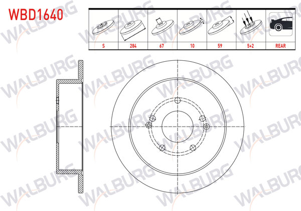 WALBURG WBD1640 | Fren Diski Arka Düz 5 Bjn 284X10x67x59 Ssangyong Korando 2.0 4Wd 2010-/ Tıvolı 1.6 Xdı 4Wd 2015-| 2 Adet