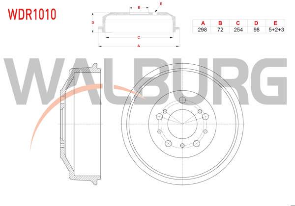 WALBURG WDR1010 | Fren Kampanası Arka 5 Delik 298X72x254x98 14Q Fiat Ducato 2.0 JTD-2.5 TDI-2.8 TDI 1994-2002 / Citroen Jumper 2.8 HDI 1994-2002 / Peugeot Boxer 2.8 HDI 1994-2002