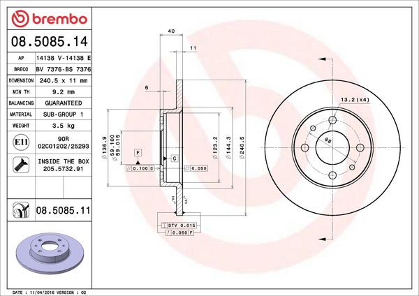 BREMBO 08.5085.14 | Fren Diski Ön Arka Standard Fiat 500 500C Tempra Tipo Punto Panda Marea Bravo Alfa Romeo 145 146 155