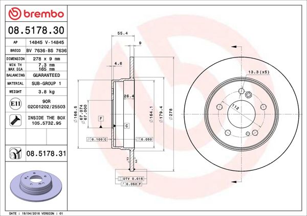 BREMBO 08.5178.30 | Fren Diski Arka Mercedes W124/W202/W203/W210 85-08