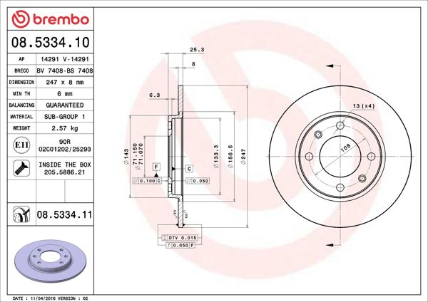 BREMBO 08.5334.10 | Fren Diski Arka Standard Peugeot | 2 Adet