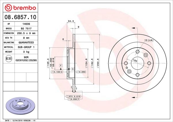 BREMBO 08.6857.10 | Fren Diski Arka Standard Mazda | 2 Adet