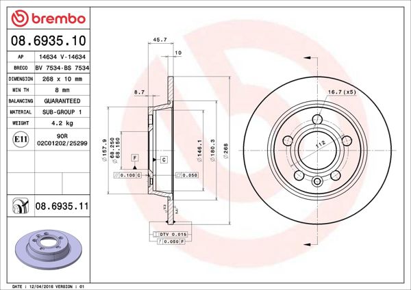 BREMBO 08.6935.11 | Fren Diski Arka (Ford Galaxy 1.9 TDI 2.0I 2.3 16V 2.8I V6 95-03) | 2 Adet