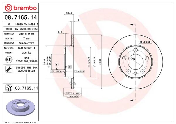 BREMBO 08.7165.11 | Fren Diski Arka (VW Golf 98-06 Polo 02-Audi A1 19-Seat Ibiza 02 -)-232×90 5×100 | 2 Adet