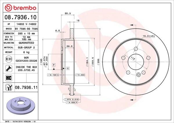 BREMBO 08.7936.11 | Fren Diski Arka UV Coated Mercedes-Benz | 2 Adet