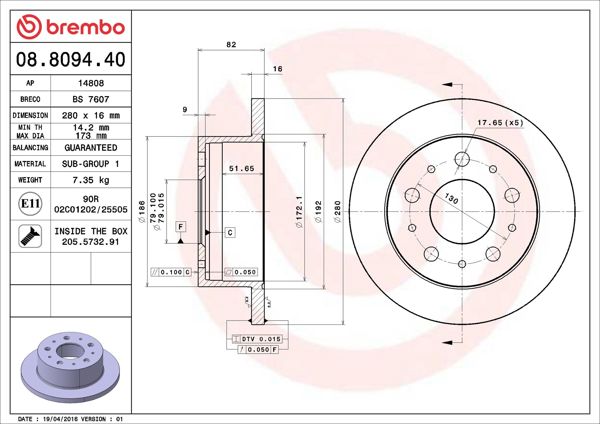 BREMBO 08.8094.40 | Fren Diski Arka Düz 280mm 18Q (Fiat Ducato 2.3 JTD / Peugeot Boxer 06 -)