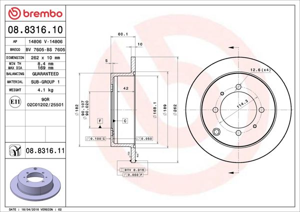 BREMBO 08.8316.10 | Fren Diski Arka Düz (262-4)-(Mıtsubsıhı Lancer 03 / 11 / Galant 92 / 00) | 2 Adet
