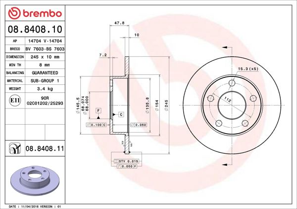 BREMBO 08.8408.11 | Arka Fren Diski VW Passat 00-05 Audi A4 95-01 245x10 5x112