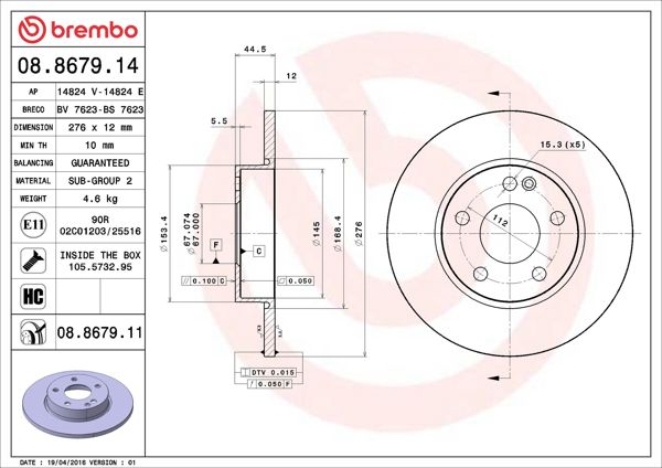BREMBO 08.8679.14 | Fren Diski Ön Standard Mercedes A-Class W169 04-12 | 2 Adet