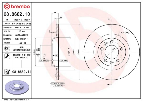 BREMBO 08.8682.11 | Fren Diski Arka [290 / 12-10 mm]-(Peugeot 407 1.6 HDI 1.8 2.0 2.0Hdı) UV Coated | 2 Adet