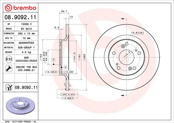 BREMBO 08.9092.11 | Fren Diski Arka Düz Honda S2000 99- | 2 Adet
