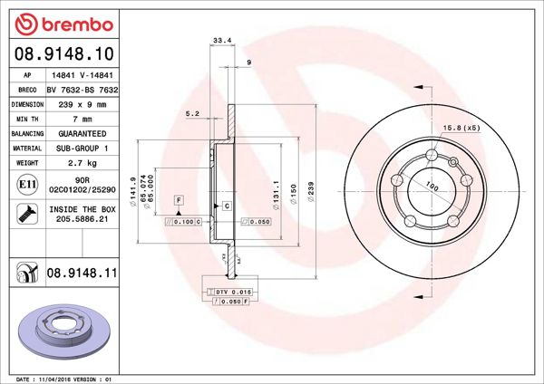 BREMBO 08.9148.11 | Fren Diski Arka (VW Golf 98-06 Audi A3 97-03) 244 × 246 × 86 239×90 5×100 | 2 Adet