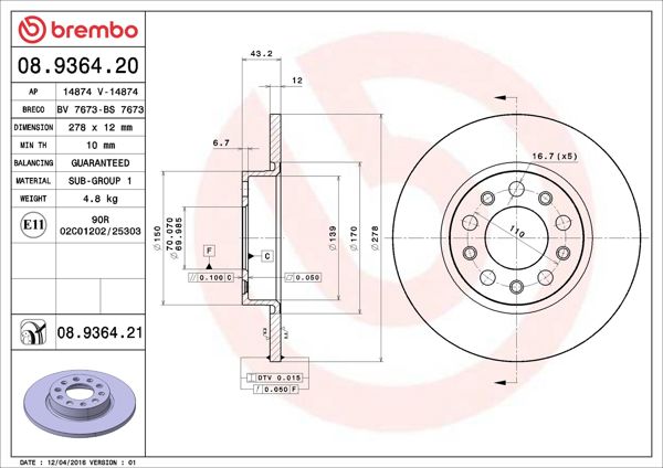 BREMBO 08.9364.21 | Fren Diski Arka UV Coated Alfa Romeo 500X 14> 159 05> Giulietta 10> Brera 05> Spider 06>10 Jeep Renegade 14>