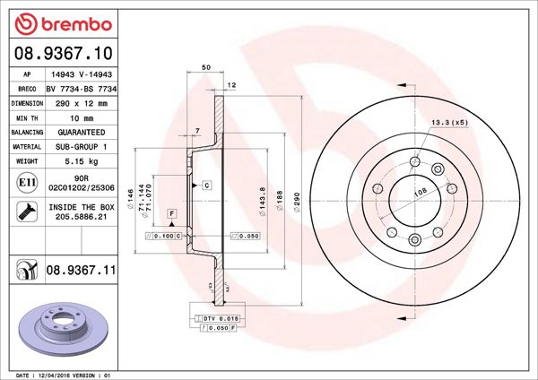BREMBO 08.9367.11 | Fren Diski Arka UV Coated Peugeot | 2 Adet