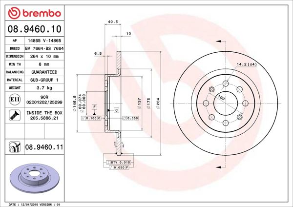 BREMBO 08.9460.11 | Fren Diski Arka UV Coated Fiat | 2 Adet