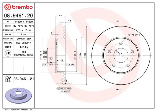 BREMBO 08.9461.20 | Fren Diski Arka Düz-(278-5)-(Nissan Primera-P12 03 / 10)