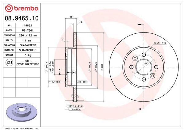 BREMBO 08.9465.10 | Fren Diski Arka Standard Renault | 2 Adet