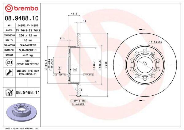BREMBO 08.9488.11 | Fren Diski Arka UV Coated Audi | 2 Adet