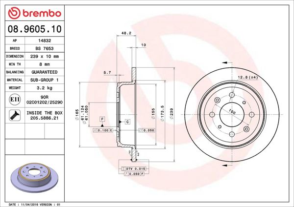 BREMBO 08.9605.10 | Fren Diski Arka Standard Mg | 2 Adet