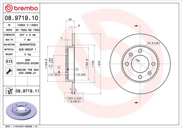 BREMBO 08.9719.10 | Fren Diski Peugeot 307 (3A / C) 1.4 16V-65 KW / 88 Ps-(03-07)