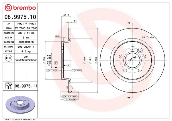 BREMBO 08.9975.11 | Fren Diski Arka (280mm) UV Coated (Ford Focus 04 -) (Volvo S40 / V50 / C70) | 2 Adet