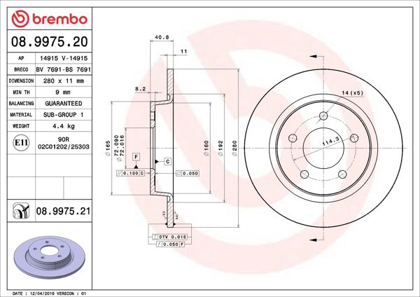 BREMBO 08.9975.21 | Fren Diski Arka Düz-(280-5)-(Mazda-3 03 / 07 2.0 / Mazda-5 05 / /) | 2 Adet