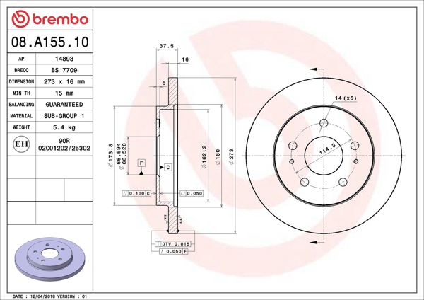 BREMBO 08.A155.10 | Fren Diski Ön Standard Toyota | 2 Adet
